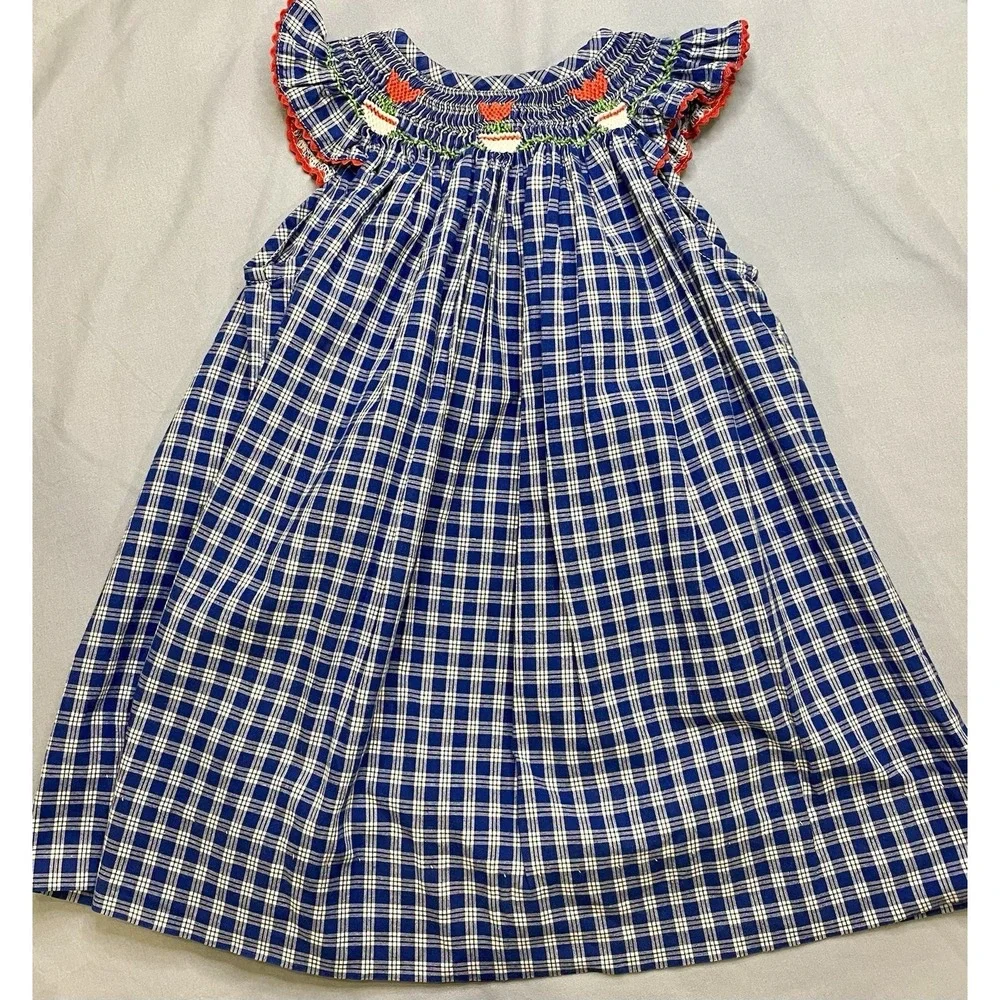 Silly Goose Baby Girls Hand Smocked Dress Bishop 9 Months 9M Blue Red Gingham